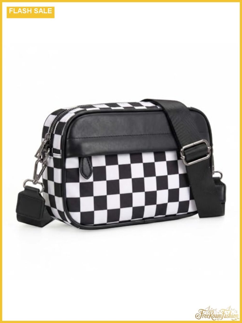 Checkered Crossbody Bag Vegan Leather Nylon Wide Strap Adjustable Women